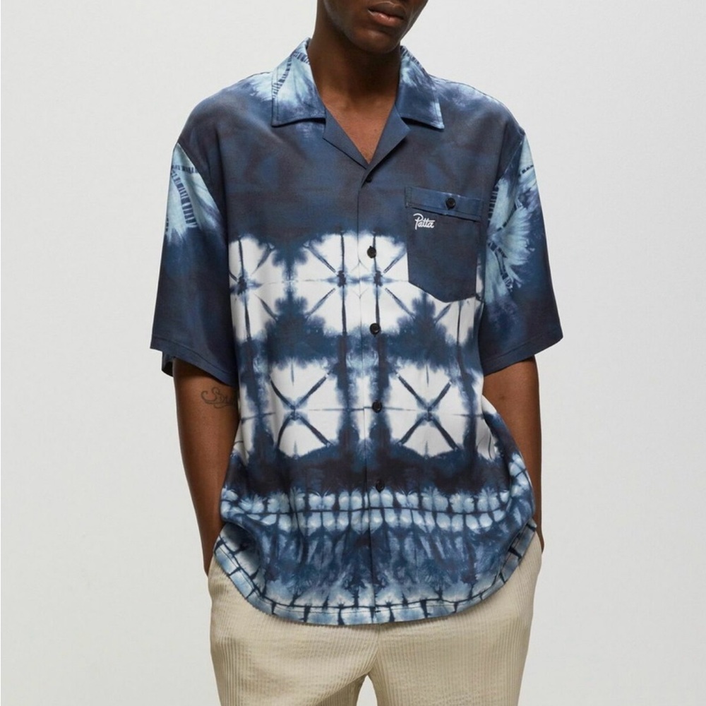 Patta Navy and White Tie-Dye Short Sleeve Button-Down Shirt